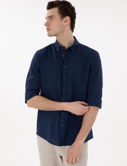 Lacivert Keten Kar___ml_ Regular Fit Uzun Kollu G_mlek