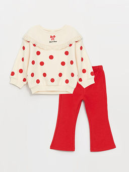 Bisiklet Yaka Uzun Kollu Desenli K?z Bebek Sweatshirt ve Tayt 2li Tak?m