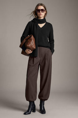 Kahverengi Yuksek Bel Dokuma Salvar Pantolon TWOAW26PL00169