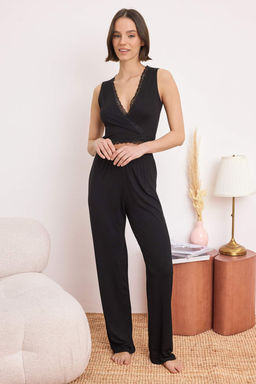 Siyah Kruvaze Dantel Detayl? Viskon Orme Pijama Tak?m? THMSS26PT00061