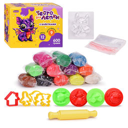 Тесто для лепки в коробке 12 цветов по 50гр, 9 форм, скалка, 600гр,