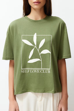 Haki %100 Pamuk Bask?l? Relaxed/Genis Rahat Kesim Bisiklet Yaka Orme T-Shirt TWOSS23TS00267