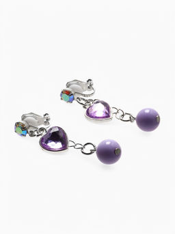 Серьги-клипсы детские «Выбражулька» сердце на цепочке с кругом кристалл, сиренево-радужные