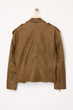 Kahverengi Oversize Kal?p Y?kama Efekctli Suni Deri Biker Ince Ceket Mont TWOAW25MO00010 - Trendyolmilla фото 11