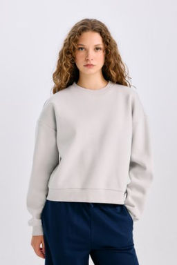 Regular Fit Bisiklet Yaka Kal?n Basic Duz Sweatshirt