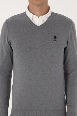 Erkek Slim Fit V Yaka Gri Melanj Basic Kazak