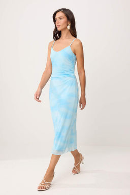 Ac?k/Bebe Mavi Soyut Bodycon Ask?l? Straplez Kolsuz Tul Orme Elbise TWOSS26EL00482