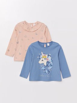 Bisiklet Yaka Uzun Kollu Bask?l? K?z Bebek Ti??rt 2li