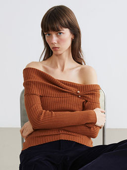 Kay?k Yaka B?zg?l? Kad?n Triko Kazak