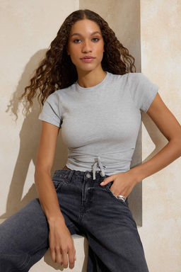 Gri Melanj Fitted/Vucuda Oturan Baglama Detayl? Pamuk Ribana Orme Bluz TWOSS26BZ00200