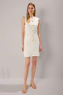 Ekru Duz Cep Detayl? Mini Tuvit Kumas Fitted/Vucuda Oturan Esnek Orme Elbise TWOSS25EL00542