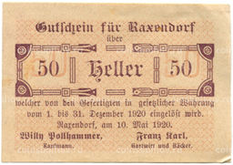 Банкнота 50 геллеров 1920 года Австрия  Раксендорф (нотгельд)