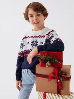 Bisiklet Yaka Desenli Uzun Kollu Erkek ?ocuk Triko Kazak