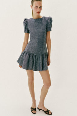 VESTIDO MINI MANGA ABULLONADA / Azul