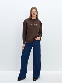 Bisiklet Yaka Bask?l? Oversize Kad?n Kal?n Sweatshirt