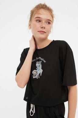 Trendyolmilla Siyah Pamuklu Eglence Bask?l? Biye Detayl? Orme Pijama Tak?m? THMSS21PT0953 фото 5