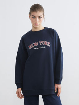 Bask?l? Oversize Kad?n Kal?n Sweatshirt Tunik