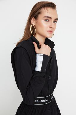 Trendyolmilla Siyah A-Kesim Gomlek Yaka K?sa Poplin Dokuma Elbise TPRAW22EL1982