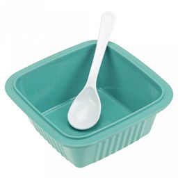 Ланч-бокс для продуктов пластмассовый Эко дом 0,55л, 14х14см h8,5см, с ложкой 13см, крышка прозрачная, с клипсами, с уплотнителем, цвета в ассортименте: бежевый, розовый, голубой (Китай) Пластик с добавлением пшеничных волокон. - Домашняя мода фото 6