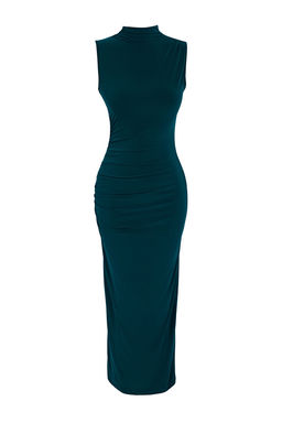 Zumrut Yesili Duz S?f?r Kol Drapeli Bodycone/Vucuda Oturan Esnek Orme Elbise TWOSS24EL00101