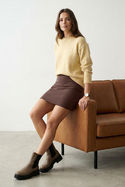 Koyu Kahverengi Yuksek Bel A-Line Mini Dokuma Etek TWOSS22ET0136