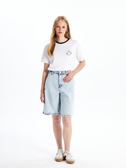 Bisiklet Yaka Mickey Mouse Bask?l? K?sa Kollu Kad?n Ti??rt