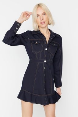 TRENDYOLMILLA Haki Dugme ve Dikis Detayl? Mini Dokuma Gomlek Elbise TWOAW23EL01424