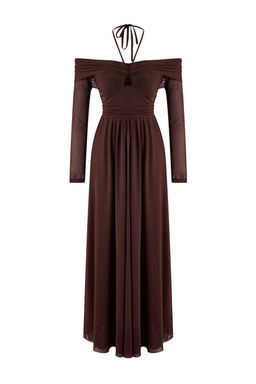 Kahverengi Tul Boyundan Baglamal? Etegi Belden Ac?lan Maxi Abiye & Mezuniyet Elbisesi TPRSS26AE00001