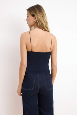 Lacivert Fitted/Vucuda Oturan Degaje Yaka Esnek Orme Bluz TWOSS21BZ0667