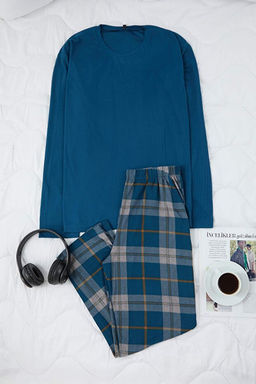 Lacivert Regular Ekose Desenli Yumu_ak Tu_eli _rme Pijama Tak_m_ TMNAW26PT00015