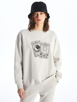 Bisiklet Yaka Bask?l? Uzun Kollu Oversize Kad?n Sweatshirt