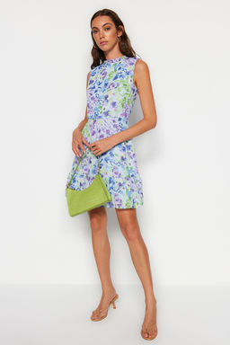 Mavi Cicekli A Kesim F?rf?rl? Astarl? Mini Dokuma Elbise TWOSS20EL0681