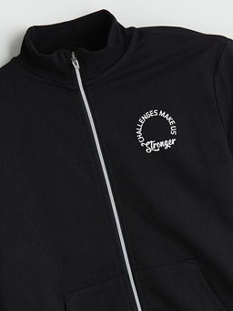 Dik Yaka Bask?l? K?z ?ocuk Fermuarl? Sweatshirt