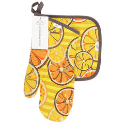 Кухонный комплект Апельсинки, вид 5: прихватка-варежка 15х30см + прихватка 20х20см, рогожка 171г/м2, хлопок 100%, наполнитель - ватин 280г/м2, на пластмассовом подвесе, Домашняя мода (Россия)