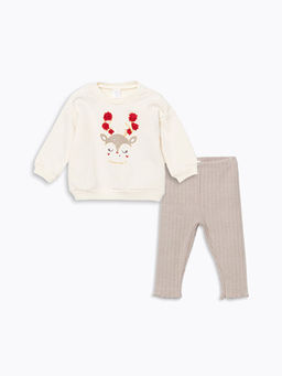 Bisiklet Yaka Uzun Kollu Nak??l? K?z Bebek Sweatshirt ve Tayt 2li Tak?m