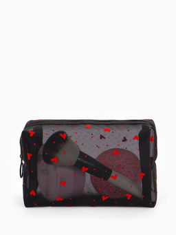 Косметичка женская HEARTS, с рисунком, сетка, на молнии, чёрная