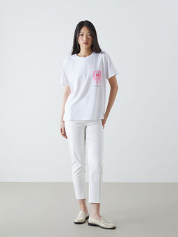 Bisiklet Yaka Bask?l? Penye Kad?n Ti??rt