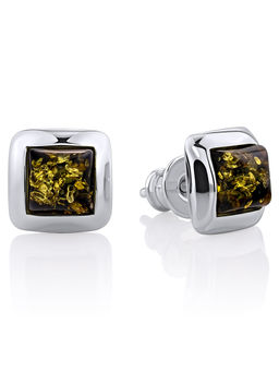 Маленькие серьги-гвоздики Квадрат с зелёным янтарём