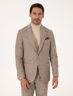 Bej Slim Fit Y_n Ka_mir Kar___ml_ Mikro Desenli Ceket