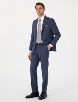 Koyu Mavi Slim Fit _izgili Y_n Tak_m Elbise