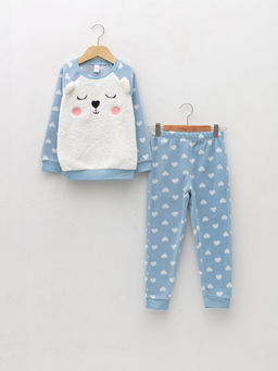 Bisiklet Yaka Nak?? Detayl? Uzun Kollu Polar K?z ?ocuk Pijama Tak?m?