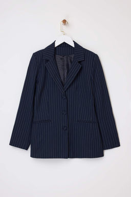 Lacivert Cizgili S?rt? Kemer Detayl? Dokuma Astarl? Vatkal? Blazer Ceket TWOSS26BC00002