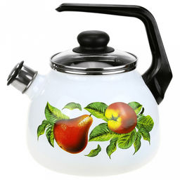 "Дары лета" Чайник эмалированный 3л, д20см, h16см, со свистком, сферическая форма, стеклянная крышка с пластмассовой ручкой-кнопкой, ободок из нержавеющей стали, пластмассовая фиксированная ручка, белый (Россия)