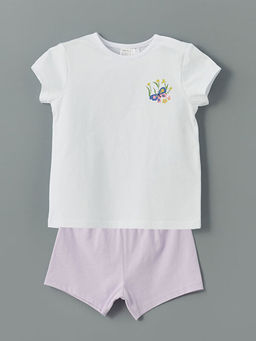 Bisiklet Yaka Bask?l? K?z Bebek Ti??rt ve ?ort 2li