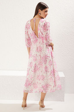 Pembe Soyut Desenli Etegi Belden Ac?lan Maxi Sifon Astarl? Dokuma Elbise TWOSS24EL00611 - Trendyolmilla фото 5