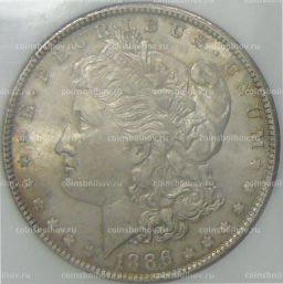 1 доллар 1886 года США Доллар Моргана (в слабе NGC MS 63)