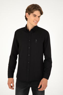 Мужская черная базовая рубашка с длинным рукавом
