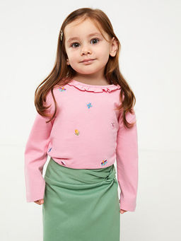 Bisiklet Yaka Uzun Kollu Nak?? Detayl? Organik Pamuklu K?z Bebek Ti??rt - Waikiki фото 2