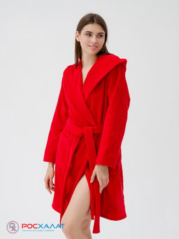 Махровый женский укороченный халат с капюшоном красный МЗ-01 (67)