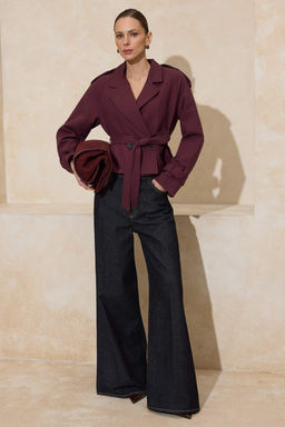 Bordo Premium Dokuma Crop Blazer Ceket TWOSS24BC00010